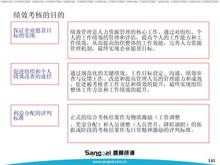 绩效考核的目的 保证企业愿景目标的实现 绩效管理是人力资源管理的核心工作。通过对组织、个人的工作绩效的管理和评估，提高个人的工作能力和工作绩效，从而提高组织整体的工作效能，完善人力资源管理机制，最终实现企业愿景目标。 通过规范化的关键绩效、工作目标设定、沟通、绩效审查与反馈工作，改进和提高管理人员的管理能力和成效，促进被考核者工作方法和绩效的提升，最终实现组织整体工作方法和工作绩效的提升。 促进组织和个人绩效改善的途径 利益分配的评判标准 正式的综合考核结果作为物质激励（工资调整 、奖金分配）和人员调整（人员晋升、降职调职）的依据或阶段的考核结果作为日常精神激励的评判标准。 