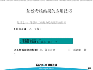 绩效考核结果的应用技巧 运用之一：导引员工的行为趋向组织的目标 1 、组织成员必须了解： ·  组织目标是什么？ ·  为了实现这个目标我必须做什么？ 2 、衡量一个员工的好坏，就是看他为实现组织目标所做的贡献。 