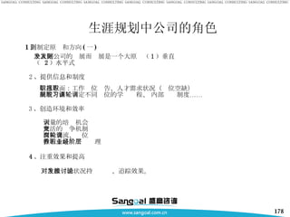 1 、制定原则和方向 ( 一 ) 个人随公司的发展而发展是一个大原则 （ 1 ）垂直  （  2 ）水平式 生涯规划中公司的角色 2 、 提供信息和制度 信息方面：工作职位报告、人才需求状况（职位空缺） 制度方面：规定不同职位的学习课程、 内部轮调制度…… 3 、 创造环境和效率 大量的培训机会 灵活的竞争机制 双向交流、岗位轮调 致力于培养职业经理阶层 4 、注重效果和提高 对生涯发展状况持续讨论、追踪效果 。 