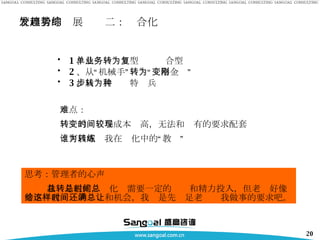 管理者的发展趋势二：综合化 1 、从单一业务型转为复合型 2 、从“机械手”转为“变形金刚” 3 、从步兵转为特种兵 难点：  转变的时间与成本较高，无法和现有的要求配套 谁可以成为我在转化中的“教练” 思考：管理者的心声 我总是很忙，转化总需要一定的时间和精力投入，但老总好像并不给我这样的时间和机会，我还是先满足老总让我做事的要求吧。 
