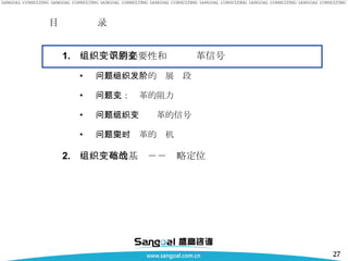 目  录 组织变革的必要性和识别变革信号 问题一：组织的发展阶段 问题二：变革的阻力 问题三：组织变革的信号 问题四：变革的时机 组织变革的基础－－战略定位 