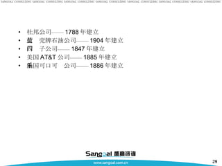 杜邦公司—— 1788 年建立 荷兰壳牌石油公司—— 1904 年建立 西门子公司—— 1847 年建立 美国 AT&T 公司—— 1885 年建立 美国可口可乐公司—— 1886 年建立 