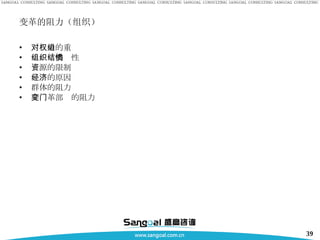 变革的阻力（组织） 对权力的重组 组织结构惯性 资源的限制 经济的原因 群体的阻力 非变革部门的阻力 