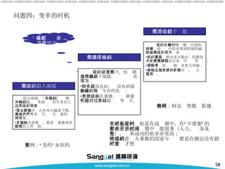 问题四：变革的时机 第一类陷入困境组织 陷入困境， “变革”是组织唯一的出路，关系到组织的生死存亡。这类组织表现为： 营业额和市场占有率大幅度下降，成本高出竞争对手，产生严重的亏损现象； 员工配合意愿强，愿意为重建承担额外的工作负担。 “ 多数组织属于这类情况 第二类未雨绸缪组织 组织经营尚可，但预期很可能走下坡路，这类组织表现为： 财务状况良好，还没有直接的威胁组织生存的危险； 竞争对手在重建，组织需要积极应对，以超过竞争对手。 第三类勇于进取组织 组织处于巅峰时期，目前和未来一段时间内没有看到直接的威胁存在，这类组织表现为： 组织着力观察未来可能出现的新技术，新需求等足以改变市场竞争规则； 不安于现状，积极寻求更大突破； 继续压缩竞争对手的空间，扩大领先优势。 案例：“美的”永恒的变 变革最好的时机是在成长期中，在“不需要”变的时候改变，在成长期中资源很多（人力、资金及时间等），变革成功的机率非常高； 不幸的是绝大多数的国家与组织都是在被迫没有路可走时才想变 案例：柯达转型数码影像 