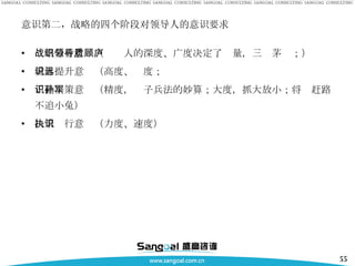 意识第二，战略的四个阶段对领导人的意识要求 战略分析意识（领导人的深度、广度决定了质量，三顾茅庐；） 境界提升意识（高度、远度； 正确决策意识（精度，孙子兵法的妙算；大度，抓大放小；将军赶路不追小兔） 决策执行意识（力度、速度） 