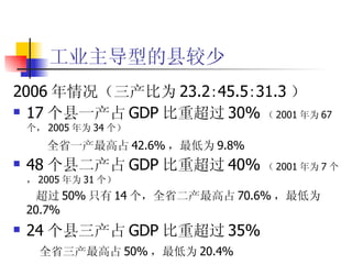 工业主导型的县较少 2006 年情况（三产比为 23.2 : 45.5 : 31.3 ） 17 个县一产占 GDP 比重超过 30% （ 2001 年为 67 个， 2005 年为 34 个） 全省一产最高占 42.6% ，最低为 9.8% 48 个县二产占 GDP 比重超过 40% （ 2001 年为 7 个， 2005 年为 31 个） 超过 50% 只有 14 个，全省二产最高占 70.6% ，最低为 20.7% 24 个县三产占 GDP 比重超过 35% 全省三产最高占 50% ，最低为 20.4% 