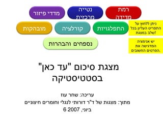 מצגת סיכום  &quot; עד כאן &quot;  בסטטיסטיקה עריכה :  שחר עוז מתוך :  מצגות של ד &quot; ר דורותי לנגלי וחומרים חיצוניים 6  ביוני , 2007 ניתן ללחוץ על התפריט העליון בכל שלב במצגת ! יש אנימציה המדגישה את הפרטים החשובים . מדדי פיזור נטייה מרכזית רמת מדידה התפלגויות קורלציה מובהקות נספחים והבהרות 