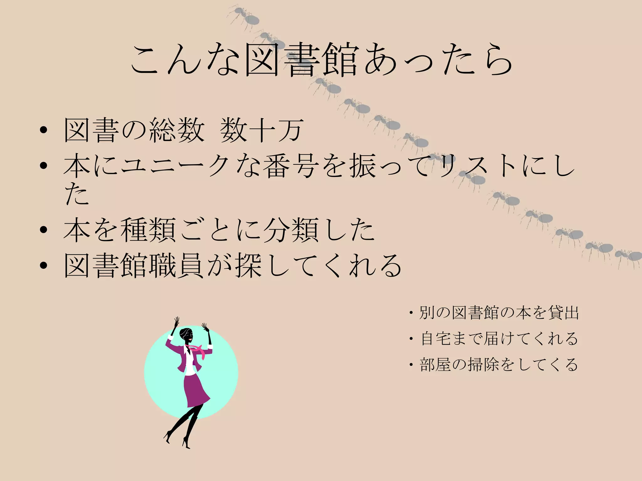 こんな図書館あったら 図書の総数 数十万 本にユニークな番号を振ってリストにした 本を種類ごとに分類した 図書館職員が探してくれる ・別の図書館の本を貸出 ・自宅まで届けてくれる ・部屋の掃除をしてくる 