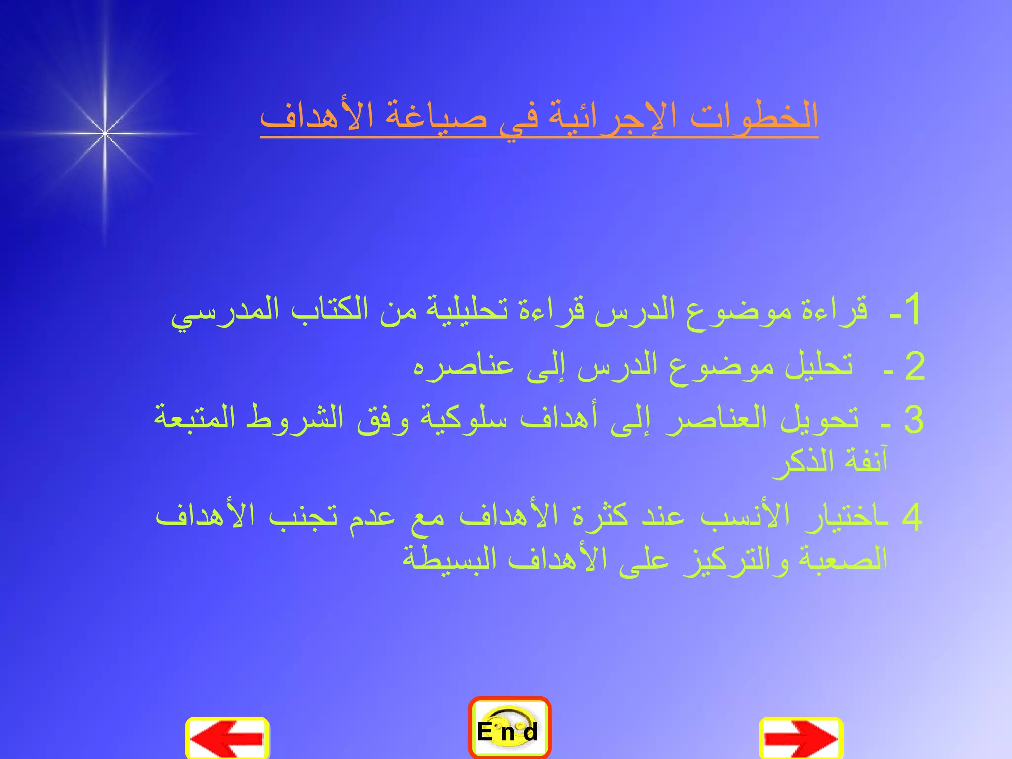 الخطوات الإجرائية في صياغة الأهداف 1 ـ   قراءة موضوع الدرس قراءة تحليلية من الكتاب المدرسي 2  ـ  تحليل موضوع الدرس إلى عناصره 3  ـ  تحويل العناصر إلى أهداف سلوكية وفق الشروط المتبعة آنفة الذكر  4  ـاختيار الأنسب عند كثرة الأهداف مع عدم تجنب الأهداف الصعبة والتركيز على الأهداف البسيطة E n d 