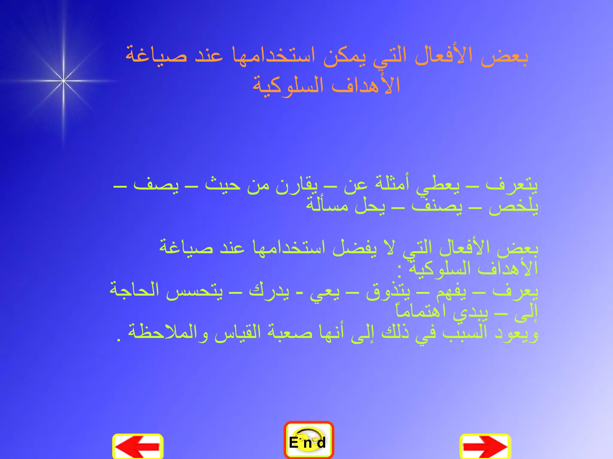 بعض الأفعال التي يمكن استخدامها عند صياغة الأهداف السلوكية يتعرف – يعطي أمثلة عن – يقارن من حيث – يصف – يلخص – يصنف – يحل مسألة  بعض الأفعال التي لا يفضل استخدامها عند صياغة الأهداف السلوكية  :  يعرف – يفهم – يتذوق – يعي  -  يدرك – يتحسس الحاجة إلى – يبدي اهتماماً  ويعود السبب في ذلك إلى أنها صعبة القياس والملاحظة  .   E n d 