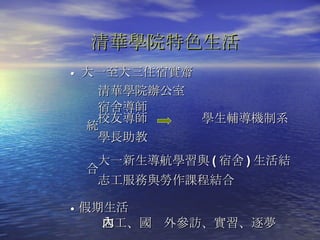 清華學院特色生活 ●   大一至大三住宿實齋 清華學院辦公室 宿舍導師 校友導師  學生輔導機制系統 學長助教 大一新生導航學習與 ( 宿舍 ) 生活結合 志工服務與勞作課程結合 ●   假期生活 志工、國內外參訪、實習、逐夢 