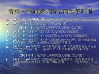 2001 年 9 月至 2004 年 9 月規劃核心通識向度與課程。 2002 年 11 月提出通識教育十年發展計畫。 〈 2004 年 4 月教育部七所研究型大學第一次評鑑  〉 2005 年 9 月 (94 學年度 ) 試行五大向度核心通識課。 2006 年 9 月 (95 學年度 ) 正式實施七大向度核心通識課程。 2006 年 9 月 (95 學年度 ) 成立新向度課程委員會，進行規劃通識選修課程「課群」；建置核心通識課程資料。 2007 年下 (96 學年度 ) 執行教育部第一期「以通識教育為核心的大學教育改革計畫」；清華成立「大學部教育改革委員會」〈下分三組〉。 〈 2008 年 3 月教育部七所研究型大學第二次評鑑 〉 2008 年下 (97 學年度 ) 定期檢討核心通識課程、提升教學品質〈助理制度及教學研究計畫「增能計畫」〉；「清華學院」正式運作。 清華大學通識課程結構改革時程   