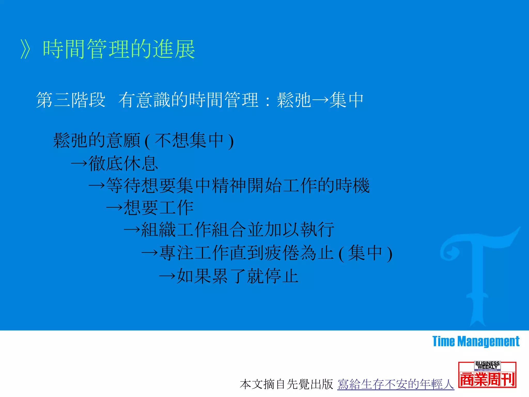 第三階段  有意識的時間管理：鬆弛->集中 》時間管理的進展 鬆弛的意願 ( 不想集中 ) 　->徹底休息 　　->等待想要集中精神開始工作的時機 　　　->想要工作 　　　　->組織工作組合並加以執行 　　　　　->專注工作直到疲倦為止 ( 集中 ) 　　　　　　->如果累了就停止 