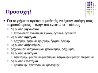 Προσοχή! Για τα ρήματα πρέπει οι μαθητές να έχουν υπόψη τους περισσότερους – πλην του ενεστώτα – τύπους 1η ομάδα  γιγνώσκω ἐγίγνωσκον, γνώσομαι, ἔγνων, ἔγνωκα, ἐγνώκειν  2η ομάδα  ἄρχομαι ἠρχόμην, ἄρξομαι, ἠρξάμην, ἦργμαι, ἤργμην 3η ομάδα  αἰσχύνομαι , ᾔσχυνόμην, αἰσχυνοῦμαι, ᾐσχυνάμην, ᾔσχυμμαι,  4η ομάδα  φαίνομαι ἐφαινόμην, φανοῦμαι-φανήσομαι, ἐφηνάμην-ἐφάνην, πέφασμαι 5η ομάδα  ἐπίσταμαι ἠπιστάμην, ἐπιστήσομαι, ἠπιστήθην 