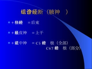 组合诊断（腋神经） + 桡神经 = 后束 + 肌皮神经 = 上干 + 正中神经 = C5 神经根（全部） C67 神经根（部分） 