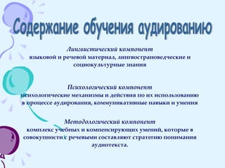 Содержание обучения аудированию Лингвистический компонент языковой и речевой материал, лингвострановедческие и социокультурные знания Психологический компонент психологические механизмы и действия по их использованию в процессе аудирования, коммуникативные навыки и умения Методологический компонент комплекс учебных и компенсирующих умений, которые в совокупности с речевыми составляют стратегию понимания аудиотекста. 
