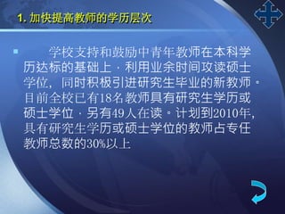 LOGO
1. 加快提高教师的学历层次
 学校支持和鼓励中青年教师在本科学
历达标的基础上，利用业余时间攻读硕士
学位，同时积极引进研究生毕业的新教师。
目前全校已有18名教师具有研究生学历或
硕士学位，另有49人在读。计划到2010年，
具有研究生学历或硕士学位的教师占专任
教师总数的30%以上
 