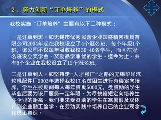 LOGO
我校实施“订单培养”主要有以下二种模式：
一是订单到班。如无锡市优秀民营企业国盛精密模具有
限公司2004年起在我校设立了4个冠名班，每个年级1个
班。该公司不仅每年吸收我校30-40名学生，而且在冠
名班设立奖学金，奖励品学兼优的学生。迄今为止，共
有6个企业在我校设立了12个冠名班。
二是订单到人。如坚持走“人才强厂”之路的无锡华洋汽
轮机配件厂2003年选择我校17名贫困生进行有偿定向培
养，学生在校期间每人每年资助5000元，受资助的学生
毕业后要为该厂服务一定年限。为尽快缩短定向培养生
与企业的距离，我们要求受资助的学生在寒暑假及双休
日到企业勤工俭学，在劳动实践中培养自己的企业观念
和员工意识。
２、努力创新“订单培养”的模式
 
