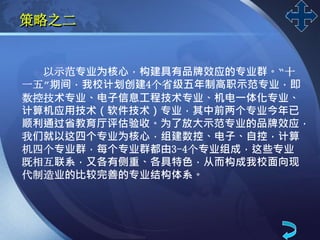 LOGO
策略之二
以示范专业为核心，构建具有品牌效应的专业群。“十
一五”期间，我校计划创建4个省级五年制高职示范专业，即
数控技术专业、电子信息工程技术专业、机电一体化专业、
计算机应用技术（软件技术）专业，其中前两个专业今年已
顺利通过省教育厅评估验收。为了放大示范专业的品牌效应，
我们就以这四个专业为核心，组建数控、电子、自控，计算
机四个专业群，每个专业群都由3-4个专业组成，这些专业
既相互联系，又各有侧重、各具特色，从而构成我校面向现
代制造业的比较完善的专业结构体系。
 