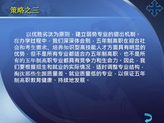 LOGO
策略之三
以优胜劣汰为原则，建立弱势专业的退出机制。
在办学过程中，我们深深体会到，五年制高职在迎合社
会和考生需求、培养知识型高技能人才方面具有明显的
优势，但不是所有专业都适合办五年制高职，也不是所
有的五年制高职专业都具有竞争力和生命力。因此，我
们要根据招生和就业的实际情况，适时调整专业结构，
淘汰那些生源质量差、就业质量低的专业，以保证五年
制高职教育健康、持续地发展。
 