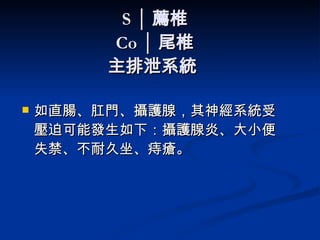 S │ 薦椎 Co │ 尾椎 主排泄系統   如直腸、肛門、攝護腺，其神經系統受壓迫可能發生如下：攝護腺炎、大小便失禁、不耐久坐、痔瘡。  