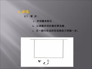 6. 步法   6.1     單    步：   a  . 來球離身較近，   b.  以遠離來球的腳前掌為軸，   c.  另一腳向前或斜前或側後方移動一步。 