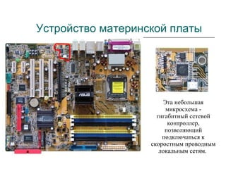 Устройство материнской платы Эта небольшая микросхема - гигабитный сетевой контроллер, позволяющий подключаться к скоростным проводным локальным сетям.  