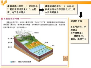 構築埤塘的條件： 1.  台地傾斜便於雨水向下流動 2. 紅土透水性差可儲水 構築埤塘的原因： 1. 河川短小 2. 夏雨急驟逕流量大  3. 地勢高，地下水來源少 埤塘的沒落： 石門大圳、水庫建立 埤塘轉型： 機關學校、觀光、購物中心 