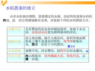 水稻農業的建立   由於水稻栽培期間，需要穩定的水源，因此特別重視水利的 開發。區內的自然環境略有差異，而發展下列的水利開發方式： 圖 2-5 圳 宜蘭平原 具有豐富的雨水和沖積扇地形 ， 故地下水充 沛 ， 扇端湧泉區 便為開埤築圳的所在 。 桃園台地 因土地高燥 、 缺乏大溪長河 ， 故利用地面傾 斜及土壤不易透水的特性 ， 築埤塘 收集雨 水 ， 以灌溉位居下方的農田 。 台北盆地 地勢平坦 ， 河水豐沛 ， 則 開圳 引河水灌田 。 竹苗丘陵 在山間溪谷內 築埤攔截水流 、 開築圳道 ， 以 灌溉田地 。 