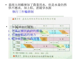 嘉南大圳雖增加了農業用水，但是水量仍然供不應求，加上稻、蔗競爭水源  執行三年輪耕制 三年輪耕制的優點： 1. 可滿足殖民政府的需求 2. 可維持較高的地力 3. 較容易防治病蟲害等 