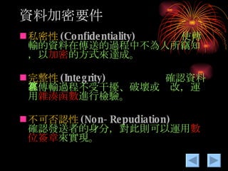 資料加密要件 私密性 (Confidentiality)   使傳輸的資料在傳送的過程中不為人所竊知，以 加密 的方式來達成。 完整性 (Integrity)   確認資料在傳輸過程不受干擾、破壞或篡改，運用 雜湊函數 進行檢驗。 不可否認性 (Non-Repudiation)   確認發送者的身分，對此則可以運用 數位簽章 來實現。   