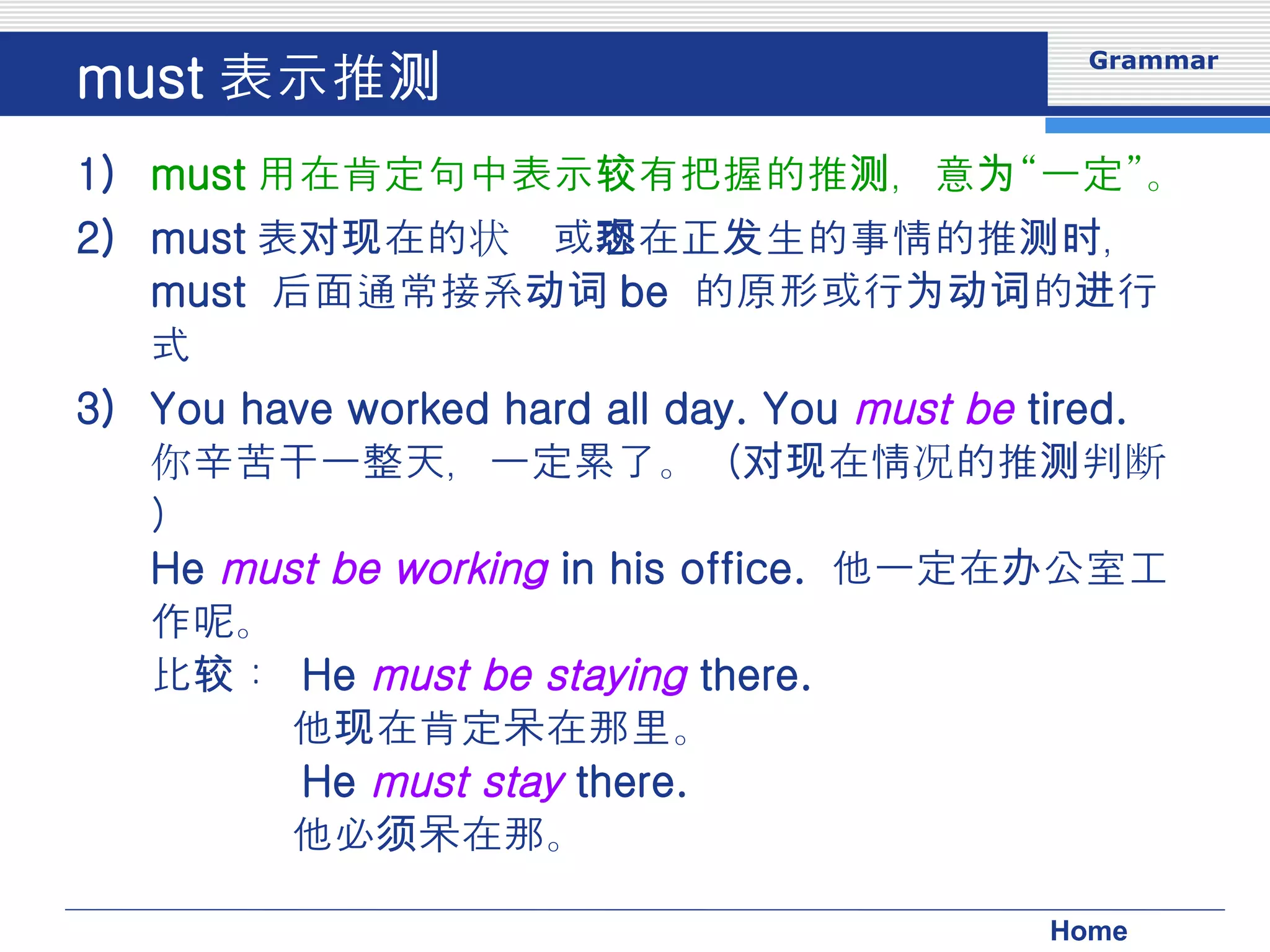 must 表示推测 must 用在肯定句中表示较有把握的推测，意为“一定”。 must 表对现在的状态或现在正发生的事情的推测时，  must  后面通常接系动词 be  的原形或行为动词的进行式 You have worked hard all day. You  must be  tired. 　 你辛苦干一整天，一定累了。（对现在情况的推测判断） He  must be working  in his office.  他一定在办公室工作呢。 比较：  He  must be staying  there. 　 　　　 他现在肯定呆在那里。 　　　  He  must stay  there.  　　　 他必须呆在那。  