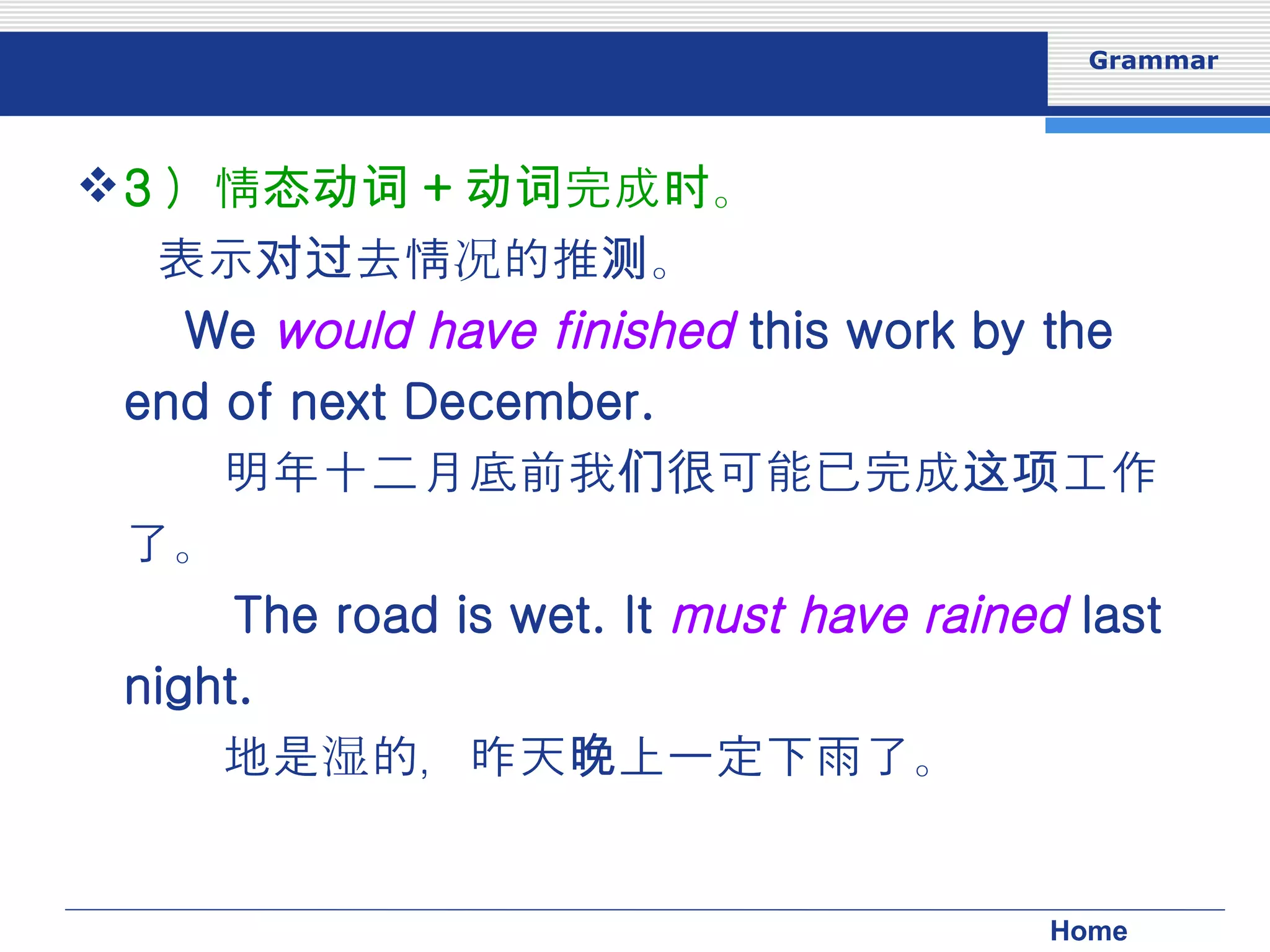 3 ）情态动词 + 动词完成时。   表示对过去情况的推测。 　 We  would have finished  this work by the end of next December. 　　明年十二月底前我们很可能已完成这项工作了。 　　 The road is wet. It  must have rained  last night. 　　地是湿的，昨天晚上一定下雨了。 