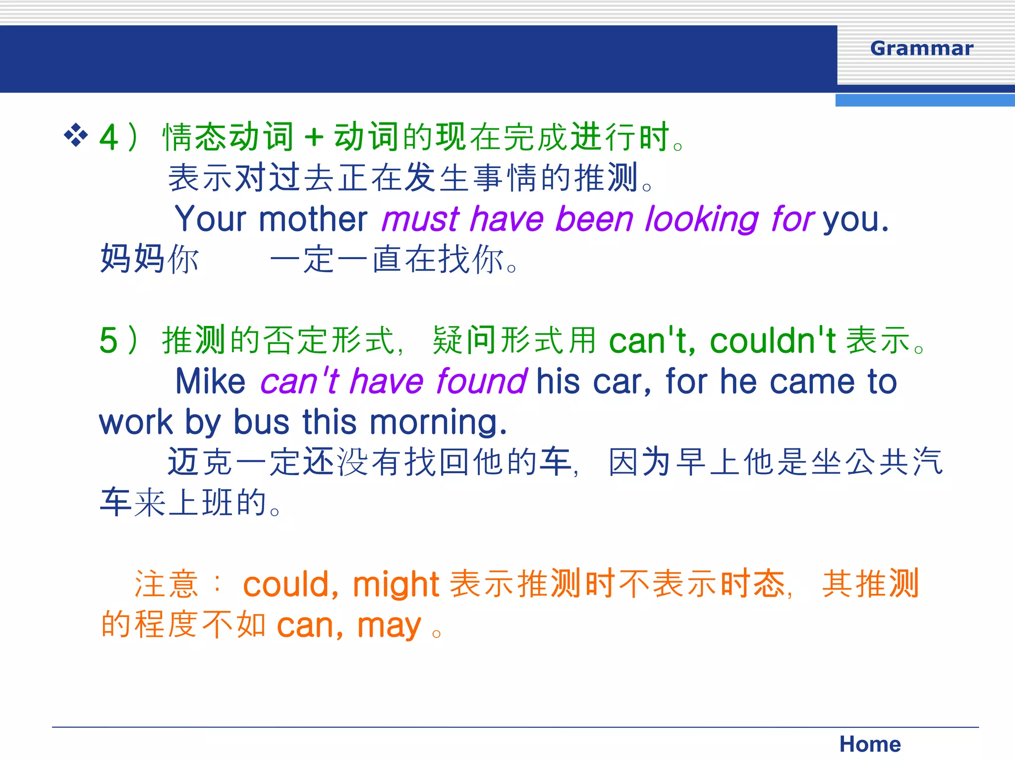 4 ）情态动词 + 动词的现在完成进行时。 　　表示对过去正在发生事情的推测。 　　 Your mother  must have been looking for  you. 　　你妈妈一定一直在找你。 5 ）推测的否定形式，疑问形式用 can't, couldn't 表示。 　　 Mike  can't have found  his car, for he came to work by bus this morning. 　　迈克一定还没有找回他的车，因为早上他是坐公共汽车来上班的。 　 注意： could, might 表示推测时不表示时态，其推测的程度不如 can, may 。 