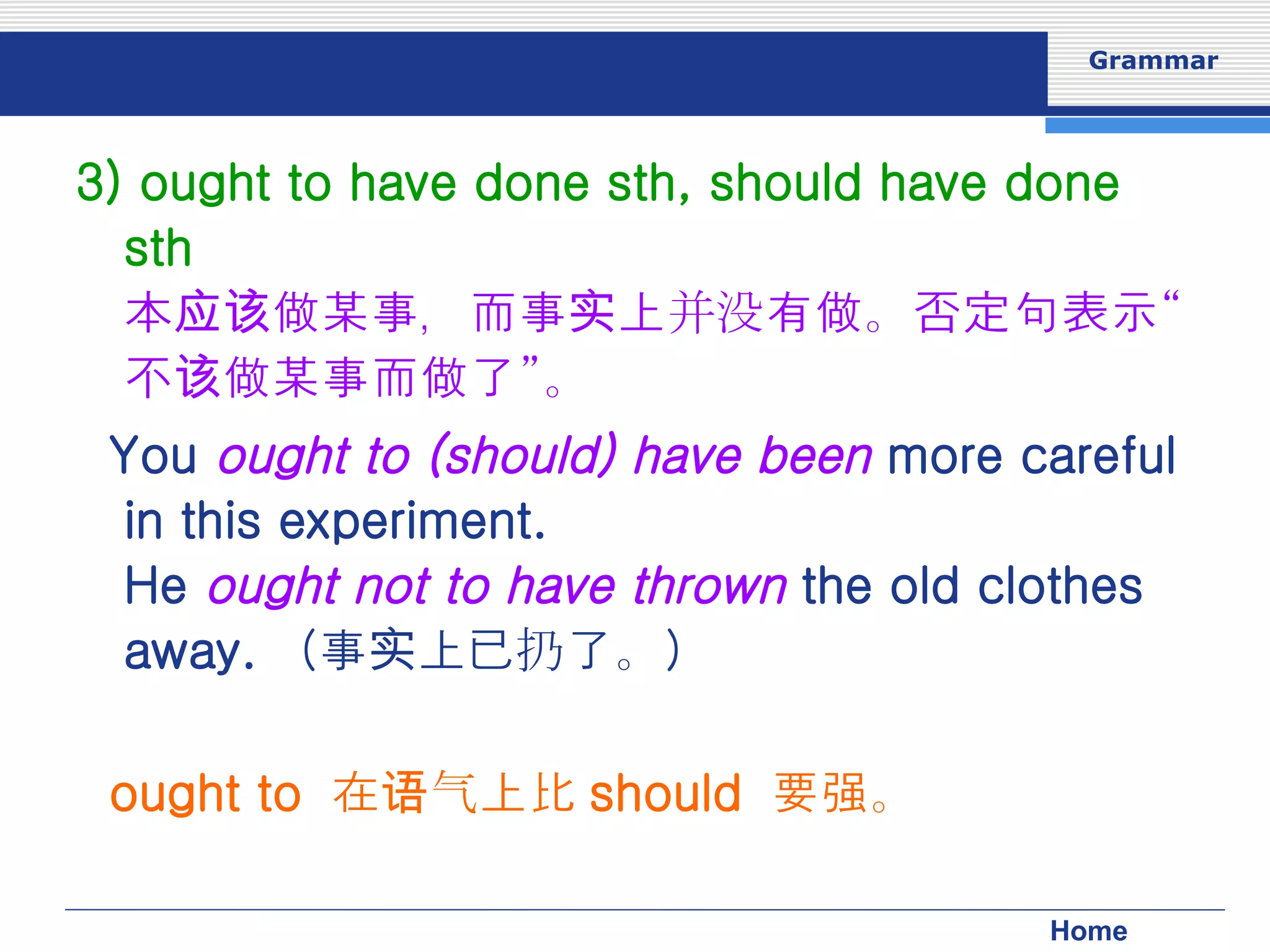 3) ought to have done sth, should have done sth 本应该做某事，而事实上并没有做。否定句表示“不该做某事而做了”。 You  ought to (should) have been  more careful in this experiment. He  ought not to have thrown  the old clothes away. （事实上已扔了。） ought to  在语气上比 should  要强。 