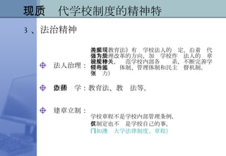 法人治理： 依法办学：教育法、教师法等。 建章立制： 二、现代学校制度的精神特质 3 、法治精神 遵循《教育法》有关学校法人的规定，沿着现代公共治理改革的方向，加强学校作为法人的规章制度建设，规范学校内部各种关系，不断完善学校内部领导体制、管理体制和民主监督机制。（张力） 学校章程不是学校内部管理条例， 其制定也不仅是学校自己的事。 （如澳门大学法律制度、章程） 