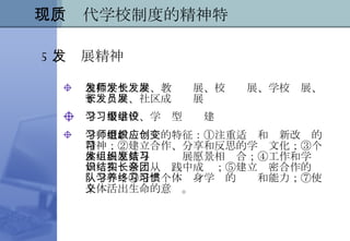 二、现代学校制度的精神特质 包括学生发展、教师发展、校长发展、学校发展、家长发展、社区成员发展 学习型学校、学习型级组建设 学习型教师组织的特征：①注重适应和创新改变的精神；②建立合作、分享和反思的学习文化；③个体发展愿景与组织发展愿景相结合；④工作和学习知识相结合，从实践中成长；⑤建立亲密合作的团队学习；⑥培养个体终身学习的习惯和能力；⑦使个体活出生命的意义。 5 、发展精神 