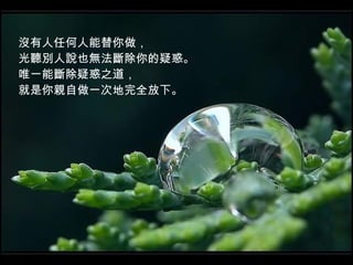 沒有人任何人能替你做， 光聽別人說也無法斷除你的疑惑。 唯一能斷除疑惑之道， 就是你親自做一次地完全放下。   