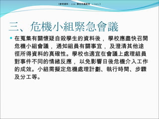 三、危機小組緊急會議 在蒐集有關懷疑自殺學生的資料後， 學校應盡快召開危機小組會議， 通知組員有關事宜， 及澄清其他途徑所得資料的真確性。學校也適宜在會議上處理組員對事件不同的情緒反應， 以免影響日後危機介入工作的成效。小組需擬定危機處理計劃、執行時間、步驟及分工等。 《參考資料： EDB  學校危機處理  4/2005 》 