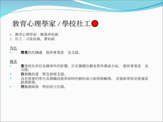 敎育心理學家 / 學校社工   1.  教育心理學家：陳惠珍姑娘 2.  社工：司徒姑娘、曹姑娘 角色 對學校危機處理提供專業意見及支援。 職責 對學校在評估危機事件的影響、訂定應變計劃及對外溝通方面， 提供專業意見及支援。 為教職員進行緊急情緒支援。 為有需要的學生及教職員提供即時的個別或小組情緒輔導， 並協助學校安排適當跟進服務。 準備教師進行特別班主任課。 