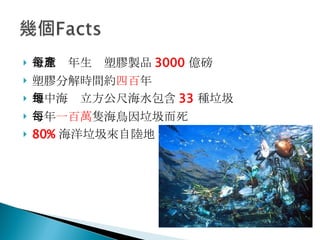 全球每年生產塑膠製品 3000 億磅 塑膠分解時間約 四百 年 地中海每立方公尺海水包含 33 種垃圾 每年 一百萬 隻海鳥因垃圾而死 80% 海洋垃圾來自陸地 