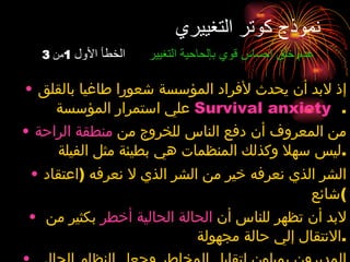 نموذج كوتر التغييري    عدم خلق إحساس قوي بإلحاحية التغيير   الخطأ الأول   1 من  3 إذ لابد أن يحدث لأفراد المؤسسة شعورا طاغيا بالقلق علي استمرار المؤسسة   Survival anxiety   . من المعروف أن دفع الناس للخروج من  منطقة الراحة  ليس سهلا وكذلك المنظمات هي بطيئة مثل الفيلة . الشر الذي نعرفه خير من الشر الذي لا نعرفه  ( اعتقاد شائع ) لابد أن تظهر للناس أن  الحالة الحالية أخطر  بكثير من  الانتقال إلي حالة مجهولة . المديرون يميلون لتقليل المخاطر وجعل النظام الحالي يسير، بينما القادة في الحقيقة  دعاة للتغيير   Change agents  . 
