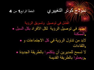 نموذج كوتر التغييري  الخطأ الرابع 1  من   4 الفشل في توصيل  وتسويق الرؤية إجتهد في توصيل الرؤية  لكل الأفراد  بكل السبل الممكنة . لابد من تناول الرؤية في  كل  الاجتماعات و اللقاءات . لا تسمح للمديرين أن  يتكلموا  بالطريقة الجديدة و يعملوا  بالطريقة القديمة . 