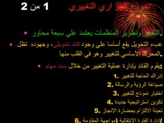 نموذج الهو اري التغييري   1  من  2  التغيير وتطوير المنظمات يعتمد علي سبعة محاور . عبء التحويل يقع أساسا علي وجود  قائد تحويلي ، وجهوده  تظل المحرك الأساسي للتغيير وهو في القلب منها . يقوم القائد بإدارة عملية التغيير من خلال  ست مهام : إدراك الحاجة للتغيير صياغة الرؤية والرسالة اختيار نموذج للتغيير تكوين استراتيجية جديدة تعبئة الالتزام بحضارة الانجاز إدارة الفترة الانتقالية  ( مواجهة المقاومة ) 
