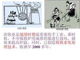 冶铁业是 战国时期 最重要的手工业。那时候，不少炼铁炉用成排的橐进行鼓风、烧炭来提高炉温。同时，已创造 铸铁柔化处理技术 。欧洲早 2000 多年。   