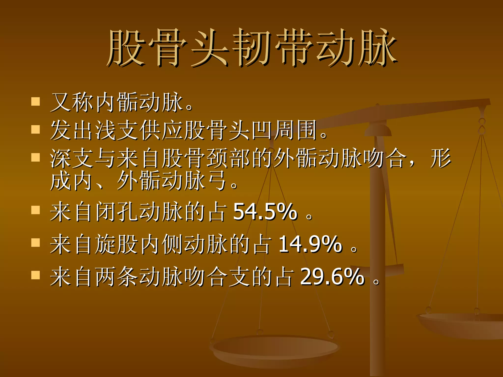 股骨头韧带动脉 又称内骺动脉。 发出浅支供应股骨头凹周围。 深支与来自股骨颈部的外骺动脉吻合，形成内、外骺动脉弓。 来自闭孔动脉的占 54.5% 。 来自旋股内侧动脉的占 14.9% 。 来自两条动脉吻合支的占 29.6% 。 