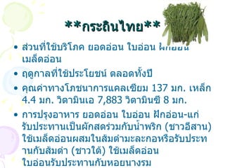 ** กระถินไทย ** ส่วนที่ใช้บริโภค  ยอดอ่อน ใบอ่อน ฝักอ่อน เมล็ดอ่อน   ฤดูกาลที่ใช้ประโยชน์  ตลอดทั้งปี   คุณค่าทางโภชนาการ แคลเซียม  137  มก .  เหล็ก  4.4  มก .  วิตามินเอ   7,883  วิตามินซี  8  มก . การปรุงอาหาร  ยอดอ่อน ใบอ่อน ฝักอ่อน - แก่ รับประทานเป็นผักสดร่วมกับน้ำพริก  ( ชาวอีสาน )  ใช้เมล็ดอ่อนผสมในส้มตำมะละกอหรือรับประทานกับส้มตำ  ( ชาวใต้ )  ใช้เมล็ดอ่อน ใบอ่อนรับประทานกับหอยนางรม จะให้รสหวานอร่อย  