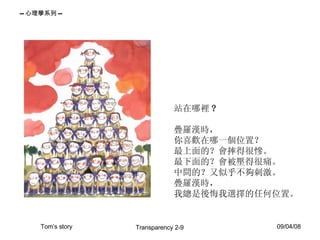 站在哪裡 ? 疊羅漢時， 你喜歡在哪一個位置？ 最上面的？會摔得很慘。 最下面的？會被壓得很痛。 中間的？又似乎不夠刺激。 疊羅漢時， 我總是後悔我選擇的任何位置。 