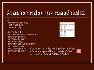 ตัวอย่างการส่งผ่านค่าของตัวแปร 2 <? function mat ( $p1,$p2 ) { $p1  =  $p1+$p2; return $p1 * $p2; } $x  =  15;$y  =  4; print  " Before use Function<br> " ; print  " \$x  =  $x<br> " ; print  " \$y  =  $y<br> " ; $z  =  mat ( $x,$y ) ; print  " After use Function<br> " ; print  " \$x  =  $x<br> " ; print  " \$y  =  $y<br> " ; print  " \$z  =  $z<br> " ; ?> ค่า  z  จะมาจากการที่เอาค่า  x  คูณกับค่า  y  โดยที่ ค่า  x  ที่เอามาคูณจะเป็นค่า  x  บวกค่า  y  ไปแล้ว เพราะฉะนั้นค่าที่ส่งกลับไปก็คือ  (15+4)*4 76 