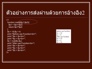 ตัวอย่างการส่งผ่านด้วยการอ้างอิง 2 <? function mat ( &$p1,$p2 ) { $p1  =  $p1+$p2; return $p1 * $p2; } $x  =  15;$y  =  4; print  " Before use Function<br> " ; print  " \$x  =  $x<br> " ; print  " \$y  =  $y<br> " ; $z  =  mat ( $x,$y ) ; print  " After use Function<br> " ; print  " \$x  =  $x<br> " ; print  " \$y  =  $y<br> " ; print  " \$z  =  $z<br> " ; ?> 